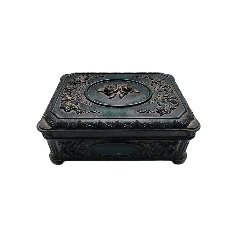 Trinket Box Vintage Ornate Mid Century Floral Embrossed Green Rose Embrossed